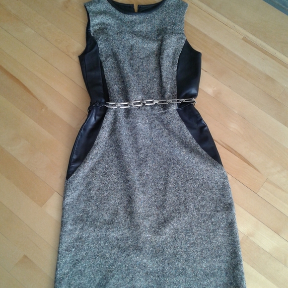100% Wool Dress with Super Soft Black Leather Sz 6 Midi - Picture 1 of 7